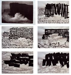 four different black and white paintings with words on them