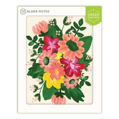 a card with pink, yellow and red flowers on it's front cover reads blank notes