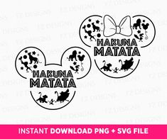 three mickey mouse heads with the words hakuna matata and minnie