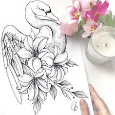 a drawing of a bird sitting on top of a flower next to a candle and some pink flowers