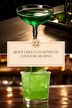 a green cocktail sitting on top of a wooden table