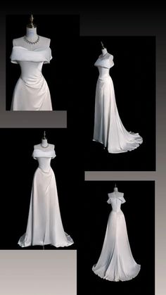 four different views of a white dress on display