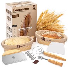 an assortment of breads and other items are shown in front of a box with scissors