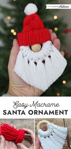 an ornament made out of yarn with santa's hat on top and the words easy macrame santa ornament