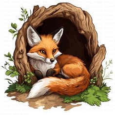 a red fox curled up in a hole