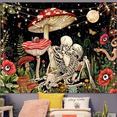 PRICES MAY VARY. 🎈Material: Polyester. Dimension: 36''high × 48''wide, 50''high × 60''wide, 60''high × 80''wide, 70.4''high × 90.8''wide. 🎈Decorative: The kissing lovers skull under mushroom tapestry adopts a unique design, whether the wall tapestry is used as a bedroom tapestry or a living room tapestry, it can make you feel comfortable and enhance your aesthetics. Your guests will praise your choice. 🎈High Quality: The red mushroom floral tapestries have clear prints, rich colors, soft and Fairy Living Room, Mushroom Gift Ideas, Purple Boho Bedroom, Mushroom Room, Edgy Bedroom, Spiritual House, Trippy Decor, Skull Tapestry, Mushroom Skull