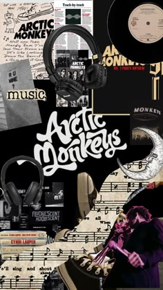 a collage of music related items including headphones, records, and other things