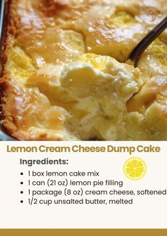 lemon cream cheese dump cake ingredients in a baking pan with a spoon on the side