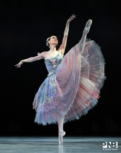 the ballerina is dressed in pink and blue