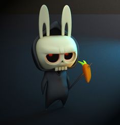 a cartoon character holding a carrot in his hand