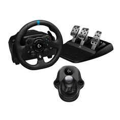 a steering wheel and two pedals for the logite driving simulator, on a white background