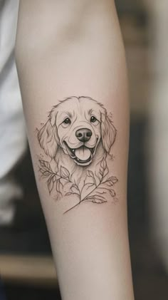 a black and white photo of a dog's face on the right arm with leaves around it