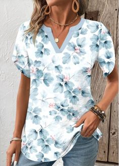 Color:Light Blue;Size:M;Size:L;Size:XL;Size:XXL;Package Contents:1 X Blouse;Occasion:Other;Style:Casual; Light Blue Floral Print V-neck Top, Light Blue V-neck Top For Office, Blue Split Neck Blouse, Light Blue Summer Office Top, Floral Print V-neck Top For Office, Blue Floral Print Blouse With Split Neck, Blue Floral Print Split Neck Blouse, Summer Blue Split Neck Blouse, Blue V-neck Blouse For Office