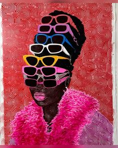 an image of a woman with sunglasses on her head and pink fur coat over her shoulders