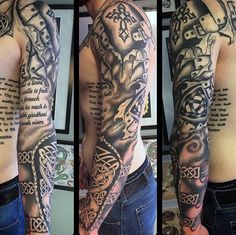 three different views of a man's full sleeve tattoo