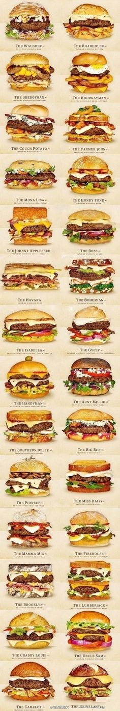 a large poster with different types of sandwiches on it's sides, all in different colors