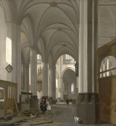 a painting of people in a large cathedral