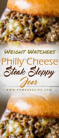 three cheeseburgers stacked on top of each other with the words vegan watchers phily cheese steak sloppy joes