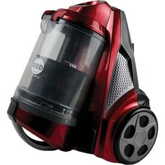 a red and black vacuum is shown on a white background