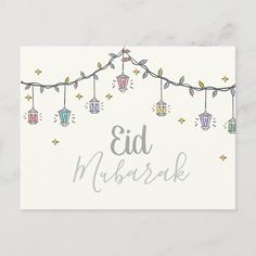 a card with lights hanging from it's sides and the words, eid mursak