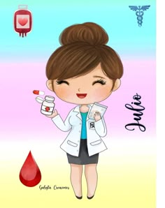 a woman in a white coat holding a pill bottle