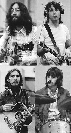 black and white photos of the beatles with their guitars in different poses, from left to right