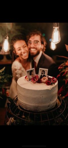 a cake with two photos on top of it next to an instagram post that says, all posts