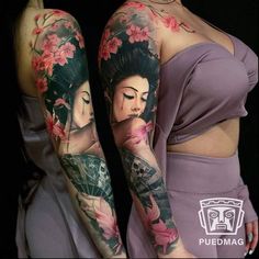 two women with tattoos on their arms, one is wearing a purple dress and the other has