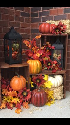 pumpkins, gourds and other autumn decorations are arranged on shelves in front of a brick wall