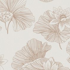 a wallpaper with flowers and leaves in brown on a white background that looks like it has been drawn by hand