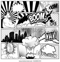 comic book page with black and white background