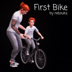 a woman riding on the back of a bike next to a small boy with red hair