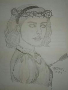 a drawing of a woman with a crown on her head and an arrow in her hand