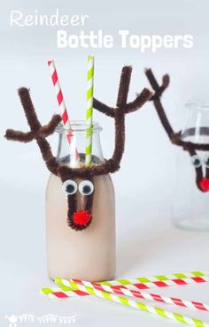 reindeer bottle toppers in a mason jar with straws