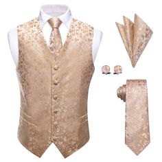 Champagne Vest Mens Jacquard Wedding Floral Vest Tie Set Champagne Vest, Paisley Suit, Mens Dress Vests, Vest Tuxedo, Mens Vest Casual, Floral Suit, Wedding Vest, Herringbone Vest, Floral Vest