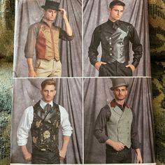 four men's vests and hats are shown in three different pictures, one is wearing