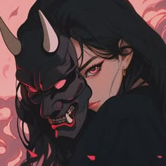 a woman with horns and demon mask on her head