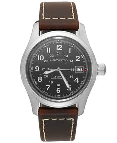 Built for the active man, this Khaki Field watch from Hamilton features bold details and classic design. Classic Outdoor Watch With Leather Strap, Classic Outdoor Watch Accessories With Leather Strap, Classic Outdoor Watches With Leather Strap, Classic Leather Strap Watch Band For Outdoor, Classic Outdoor Watch Band With Leather Strap, Classic Outdoor Watch Bands With Leather Strap, Classic Outdoor Leather Strap Watch Band, Silver Leather Watch For Outdoor, Silver Leather Outdoor Watch