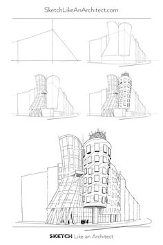 three different architectural drawings of buildings