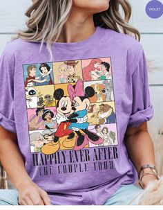 Embark on a magical journey through love with our "Happily Ever After Couples Tour" Cotton Tee! This enchanting shirt features beloved Disney couples like Up's Carl and Ellie, The Little Mermaid's Ariel and Eric, and more, celebrating the timeless magic of true love. Crafted from soft and comfortable cotton, this tee is not just a shirt—it's a romantic ode to your favorite Disney love stories. Wear it proudly and let the world witness your passion for the enchanting world of love and fairy tales! 💖🏰 Themed Tops For Disney Trips With Character Print, Disney Themed Character Print Tops, Disney T-shirt With Cartoon Print For Disney Trips, Disney Character Print Tops For Disney Trips, Disney Character Print Tops, Cute Tops With Character Print For Disney Trips, Cute Character Print Tops For Disney Trips, Themed Cartoon Print Tops For Disney Trips, Cute Cartoon Print Tops For Disney Trips