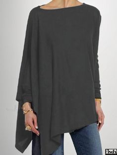 Fisdy - Irregular Solid Color Long-Sleeve Pullover Casual Loose Top Loose Top, Loose Tops, Casual Pullover, Sleeve Detail, Pure Color, Types Of Collars, Long Sleeve Pullover, Casual Tops, Relaxation