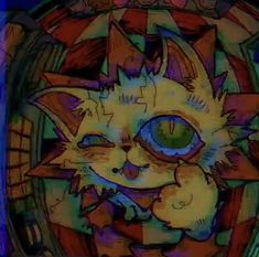 a drawing of a cat with blue eyes and an orange nose, in front of a colorful background