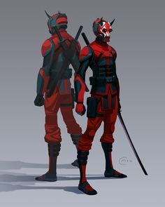 two deadpools standing next to each other with swords in their hands and helmets on