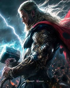 thor is holding an ax in his hand while lightning strikes behind him and the sky