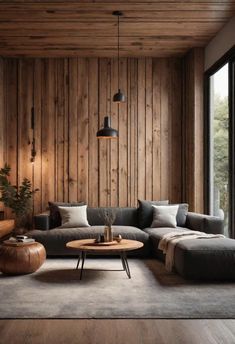 a living room with wooden walls and furniture