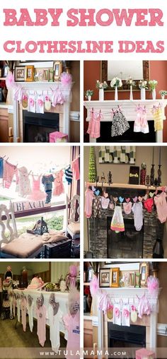 baby shower clothes are hanging in front of the fire place and on the mantel