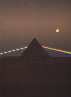 an image of a rainbow in the sky over a pyramid with a moon behind it