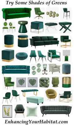 green and gold living room furniture with text that says try some shades of greens