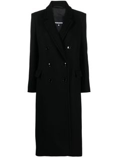 black virgin wool blend notched lapels shoulder pads double-breasted button fastening long sleeves two side flap pockets two side flap pockets below-knee length straight hem Lirika Matoshi, Lapel Coat, Collared Coat, Long Sleeves Coats, Double Breasted Coat, Coat Black, Clothespins, Other Outfits