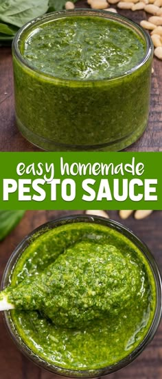 pesto sauce in a glass bowl with the words easy homemade pesto sauce